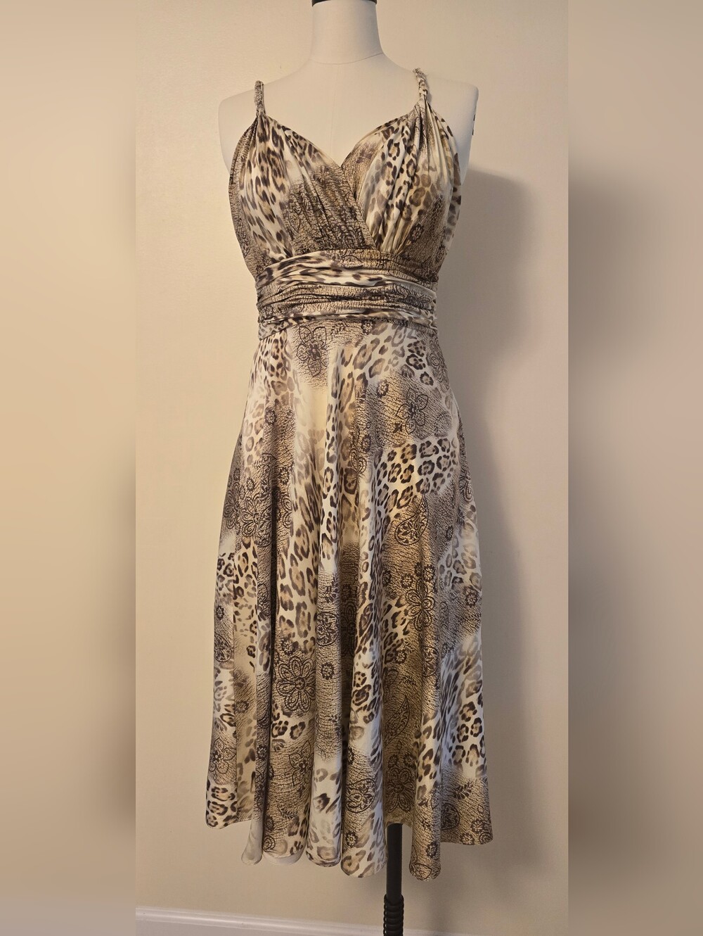 Teri Jon Beige Brown Leopard Animal Print V-Neck Spaghetti Strap Dress 10